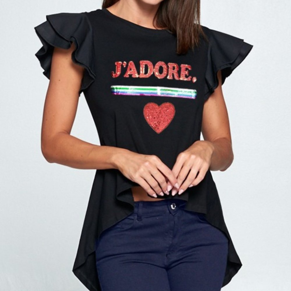 J'adore Graphic Printed Tee High Low Ruffle Sleeve Black Asymmetrical Top